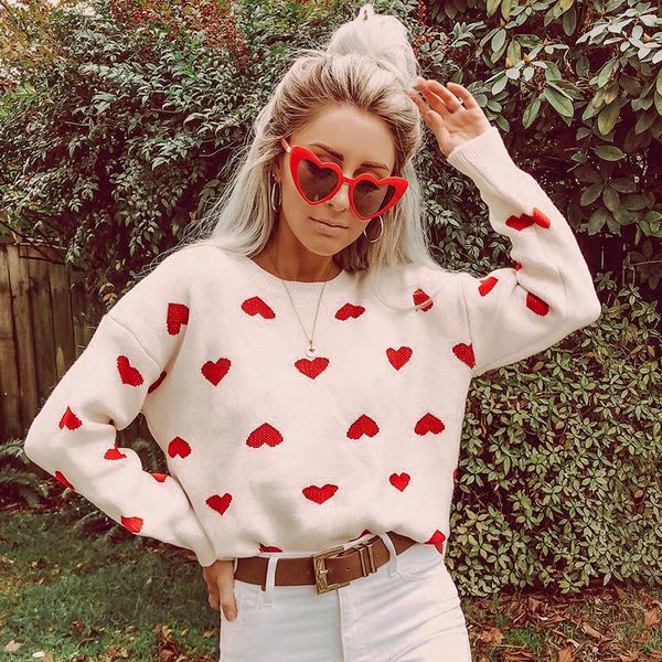

women long sleeve heart print sweater fashion loose knitted fall winter warm o-neck sweater loose causal pullover 2020 new, White;black