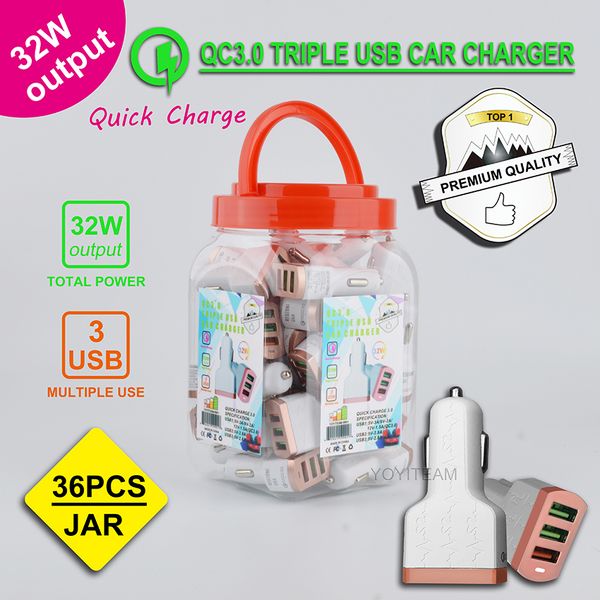 

fast charger triple usb car charger with plastic jar 32w quick charge 3.0 new model qualcomm charge all smartphones premium quality