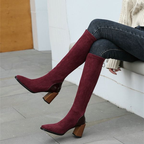 

women knee high boots comfortable ladies boots zipper classic design thick high heels pumps party shoes woman, Black