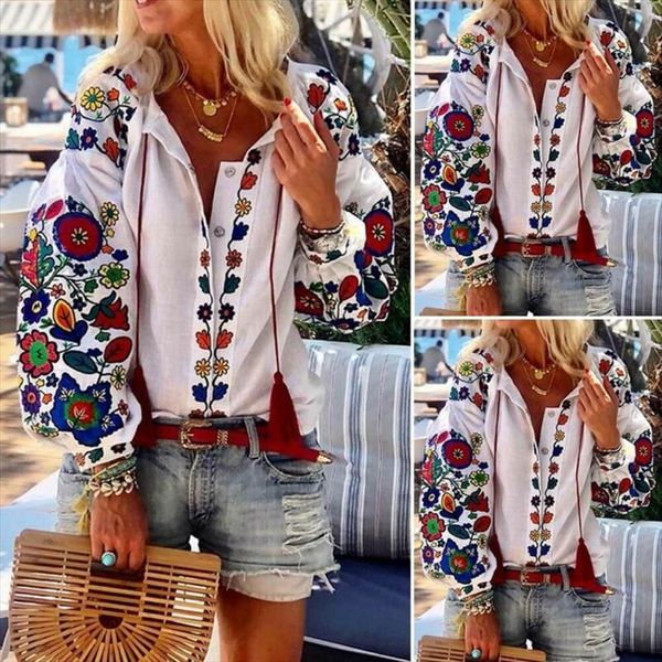 

plus size womens multicolor floral print turn down neck bishop sleeve blouse summer early autumn new boho shirts, White