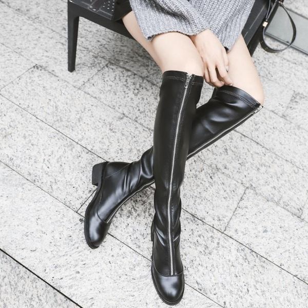 

riding boots women's knight boots front zipper cow leather new winter keep warm handsome thigh high mujer, Black
