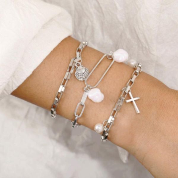

link, chain fashion women's retro star thick bracelet set pearl shell cross boho gold round irregular party gift jewellery, Black