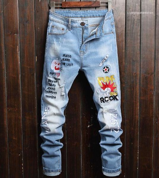 

pants fit multi pocket jean male clothing mens designer ripped holes jeans slim letter print denim, Blue
