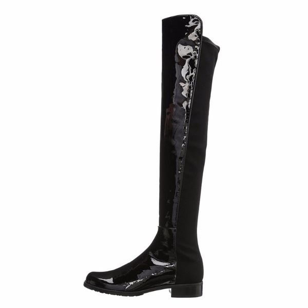 

shiny patent leather black patchwork flat over knee boots woman boots round toe warm fashion 2020 new