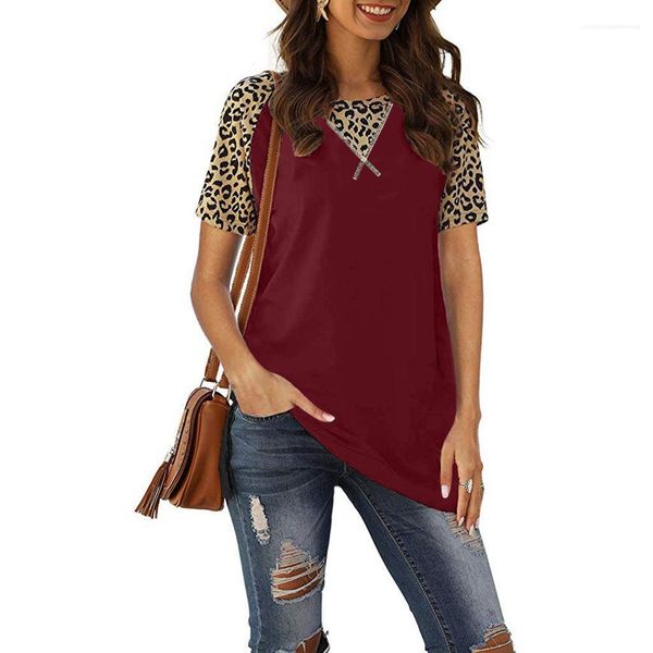 

female apparel womens designer short sleeved tshirt slim panelled leopard tees fashion solid color crew neck, White