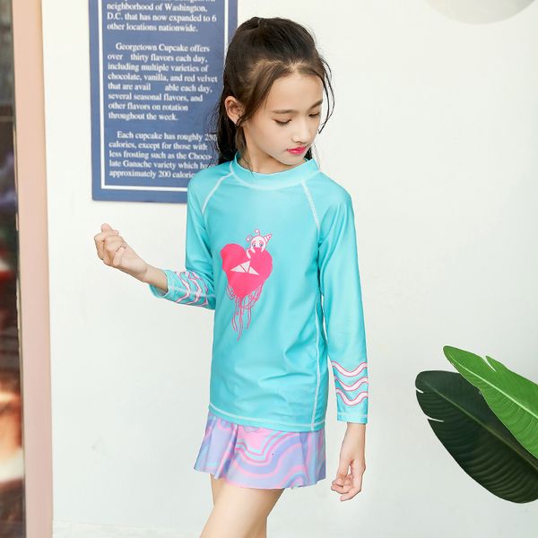 

girls kids two piece round-neck rash guard uv sun protection swimsuit upf 50+ sun protection swim shirt skirts 5 to 11 years