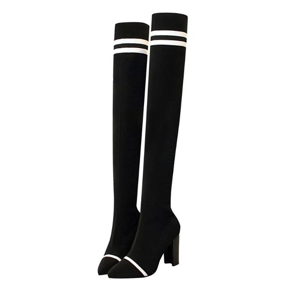 

мода женская обувь toe sexy остроконечные over-the-knee вязание женские сапоги на высоком каблуке женские насосы, Black