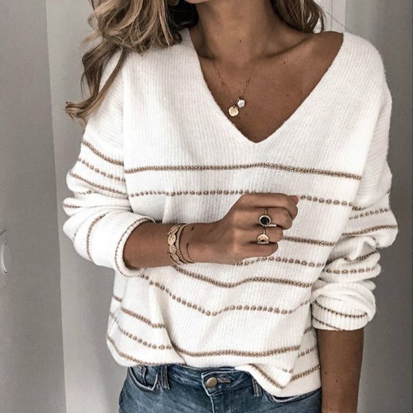 

women's sweaters striped fashion long sleeve v-neck pullovers oversized fluffy 2021 basic women sweater, White;black