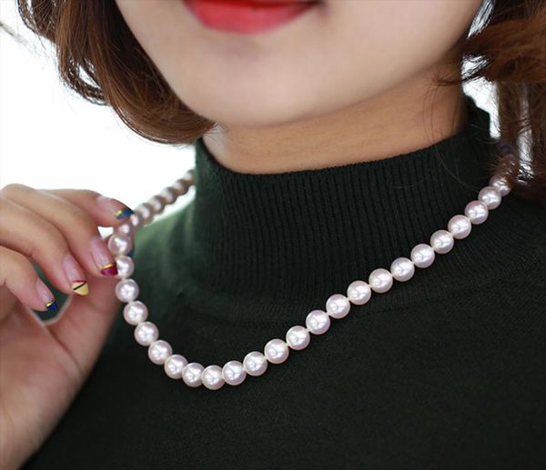 

classic 9-10mm south sea round white pearl necklace 18"14k button, Silver