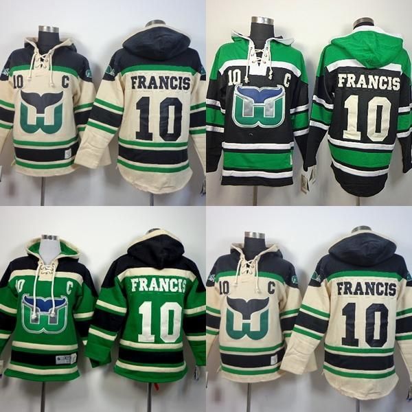 

mens hartford whalers 10 ron francis beige green full embroidery logos ice hockey hoodies, Black;red