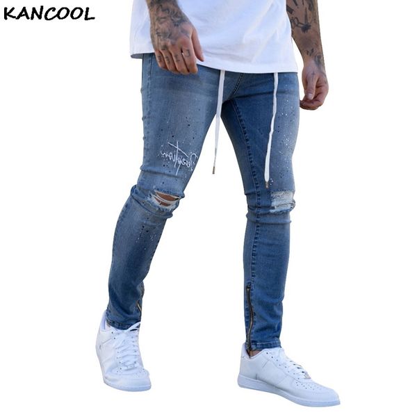 

kancool men stretchy ripped skinny biker embroidery print slim fit jeans destroyed hole taped denim scratched 2020, Blue