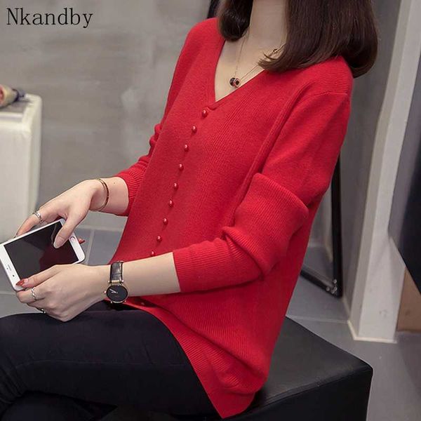 

women's sweaters plus size knitted pullover women 2021 autumn winter loose korean v-neck bead knitwear female oversized jumpers, White;black
