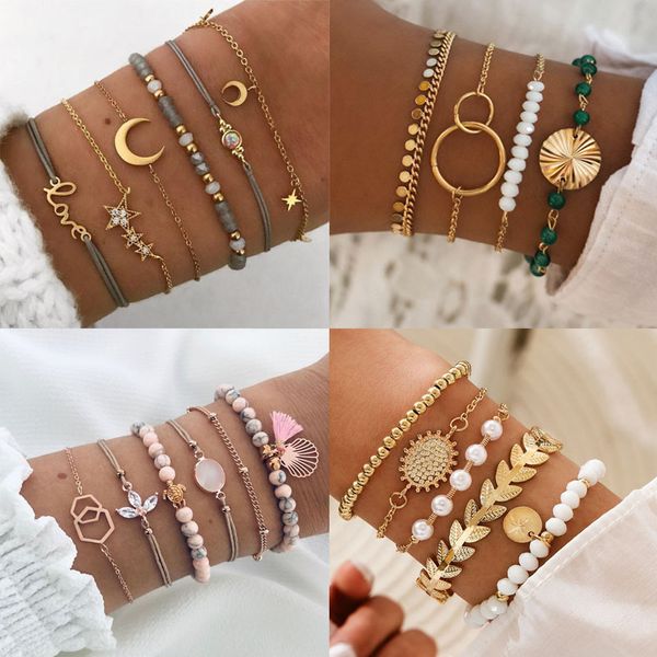 2021 nuovo bracciale in oro femminile carino semplice luna stella moneta perla treccia braccialetto di perline set di gioielli regalo ipoallergenico