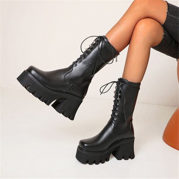 

pxelena 2020 winter shoes chunky block high heels platform boots combat punk rock gothic mid calf boots plus size 35-44, Black
