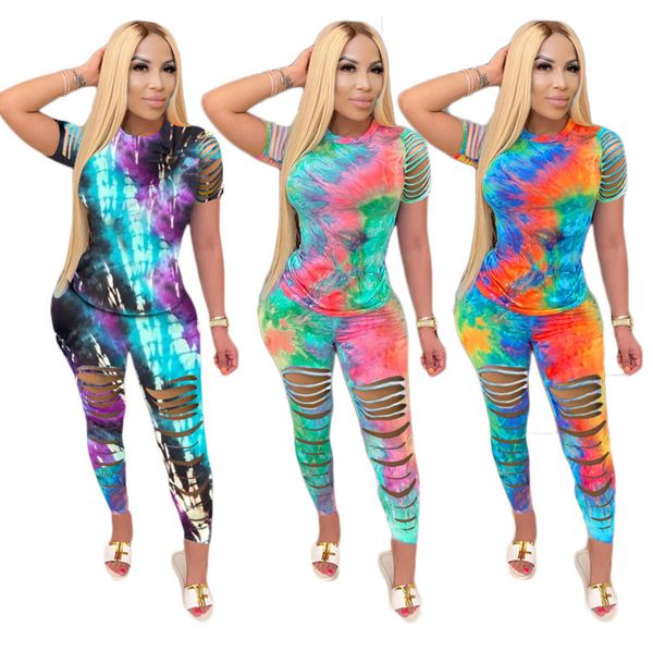 

women tie dyed flower two-piece set fashion hollow print t shirt trousers suit plus size long pants ladies casual wear cy813, White