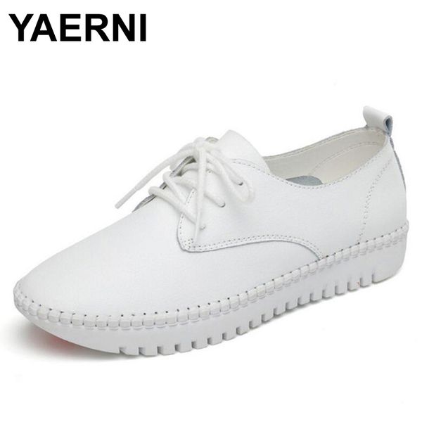 

yaerni leather flat shoes for women 2020 spring summer fashion casual white loafers shoes round toe lace-up muffin female, Black