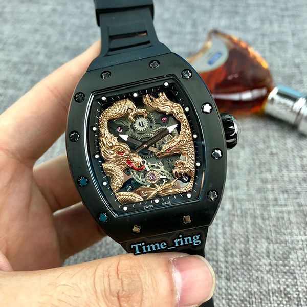 

edition rm57-01 3d dragon and phoenix totem dial black steel case japan miyota automatic movement mens watch rubber strap sport watches, Slivery;brown