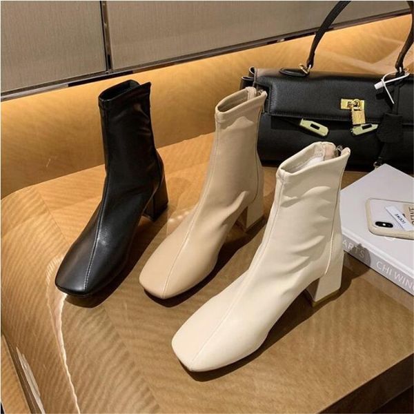 

boots khaki pu leatehr short combat chunky middle heel 2021 spring women zipper ankle for, Black