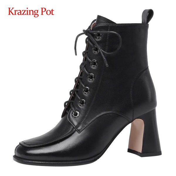 

krazing pot work boots real leather high street fashion cross-tied square toe thick high heel zipper young lady ankle boots l28, Black
