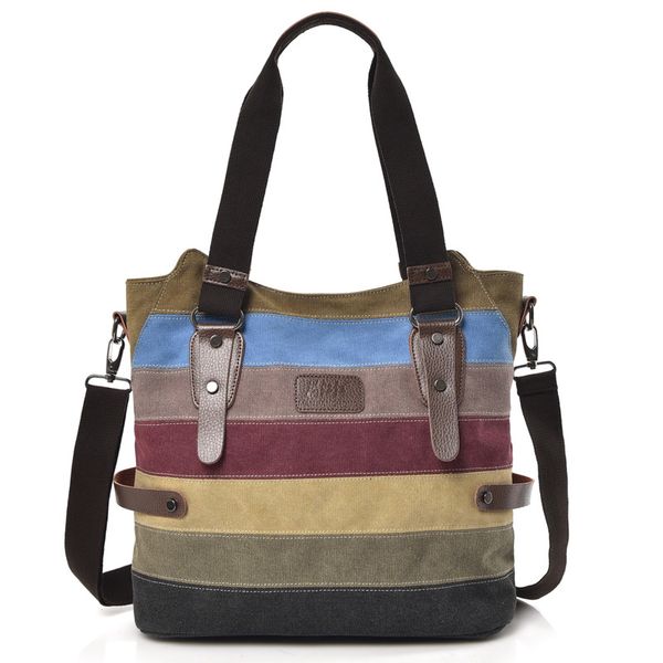 

2020 stylish and sturdy multi-color stitching craft canvas material multi-function large-capacity handbag diagonal bag