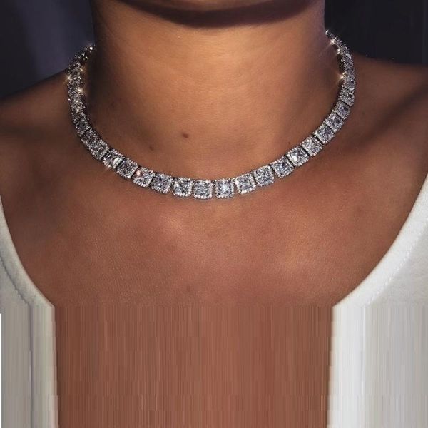 

hip hop necklace bling cubic zirconia iced out luxury necklace geometric square cz stone tennis chain for men women jewelry, Golden;silver