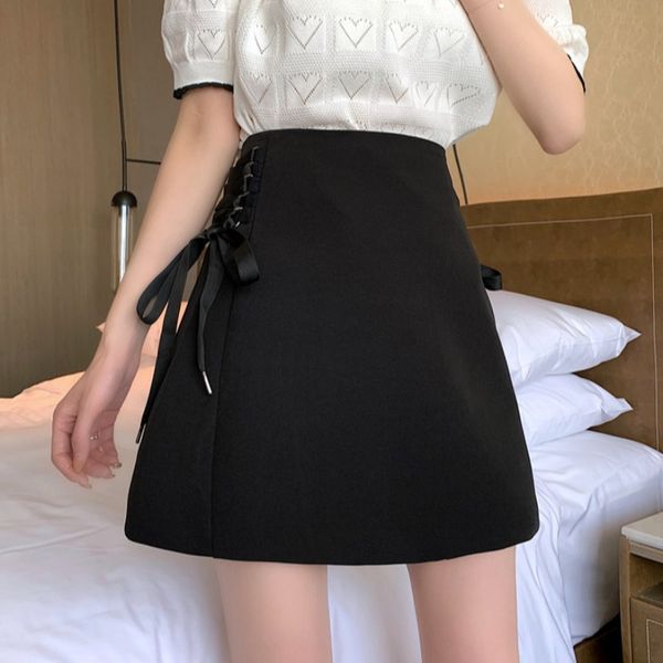

short skirt women's new summer 2020 high waist a-line black irregular bow show thin hip skirt