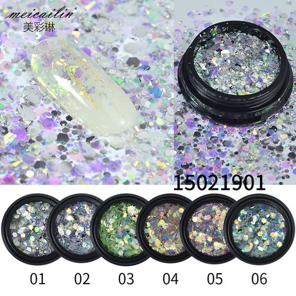 

6 boxes/set mixed size mermaid glitter nail sequins sparkly 3d hexagon colorful flakes paillette polish diy nail art decorations, Silver;gold