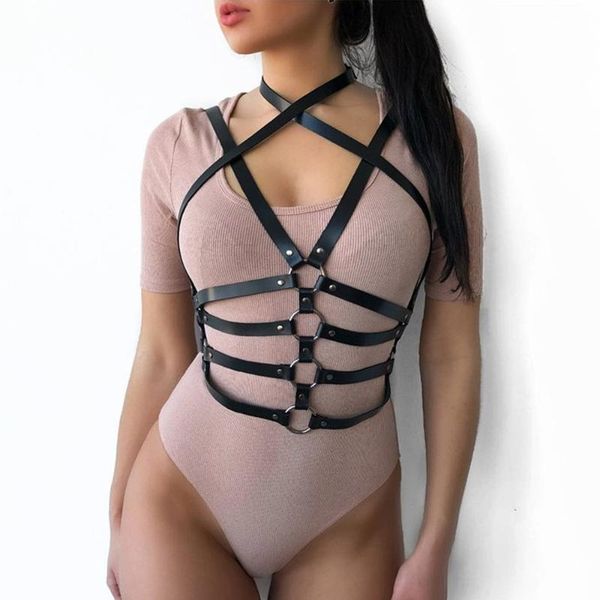 

ckmorls women handcrafted belts leather harness garter belt punk gothic trendy waist chest cage fetish lingerie for female, Black;brown