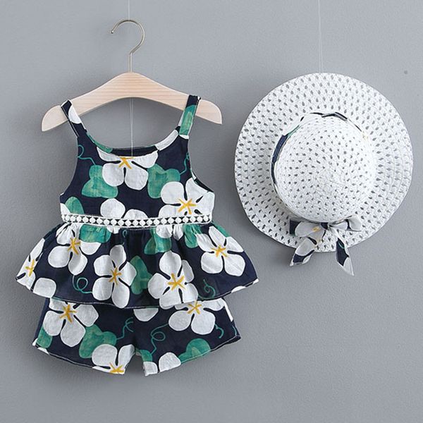 

girl clothing set summer girls bohemian girl suits kids floral sling shorts with hat 3pcs suit splicing clothes princess suit, White