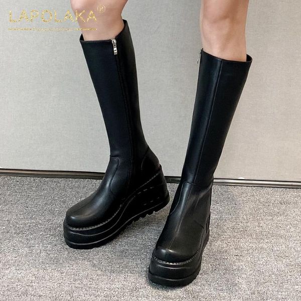 

lapolaka 2020 new fashion genuine leather wedge high heels mid calf boots woman shoes platform zip up fashion autumn boots, Black