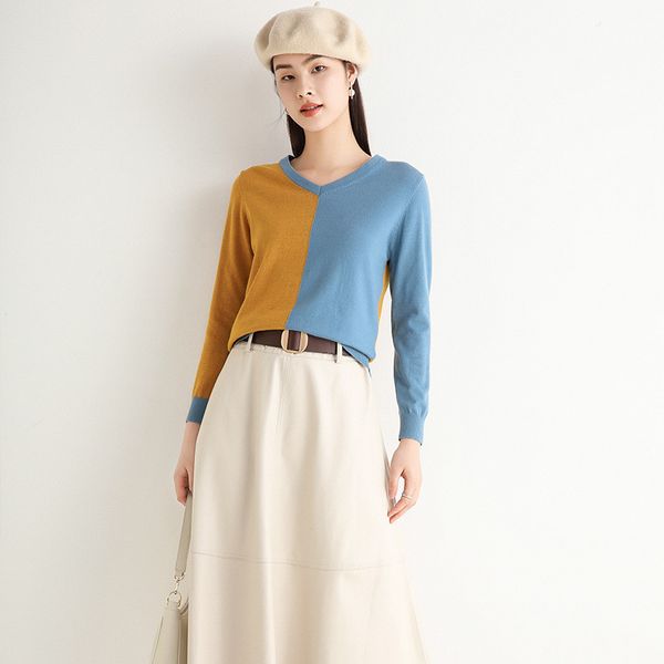 

autumn and winter new cashmere v-neck color matching fashion all-match ladies pullover loose knit bottoming sweater, White;black