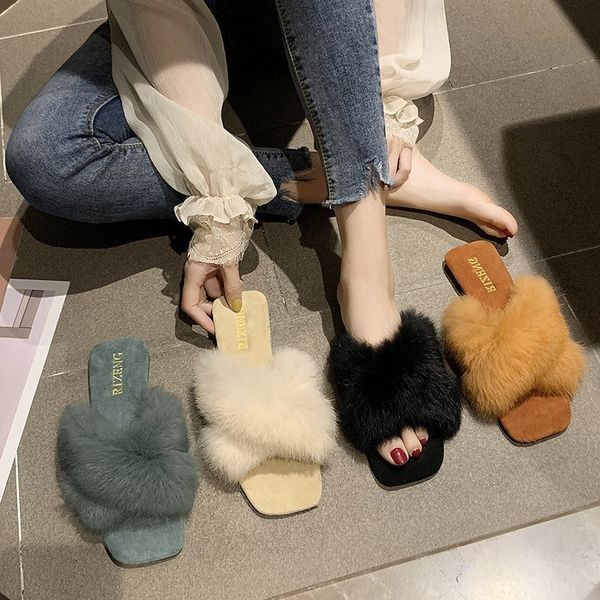 

осень зима тапочки теплых ботинки женщина искусственный мех тапочки женщина скольжение на вьетнамку fur женские слайды plus size, Black