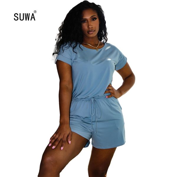 

2020 new style pure color playsuits women summer o neck short sleeve lace-up high waist spandex jumpsuits short ladies rompers, Black;white
