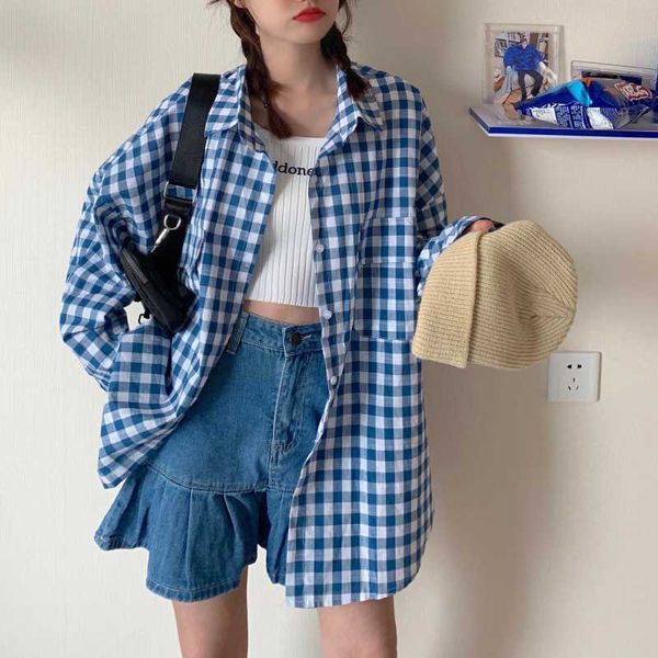 

new plaid blouse women retro lattice loose long sleeve shirts maxi boyfriend blouse plus size blousa femme 2020 women, White