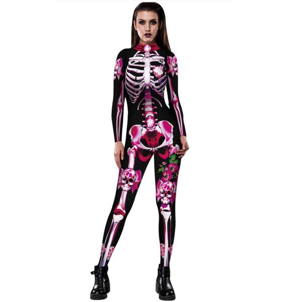 

goocheer 3d print rose skeleton costume jumpsuit scary halloween costumes for women mechanical skull plus size bodysuit, Black;white