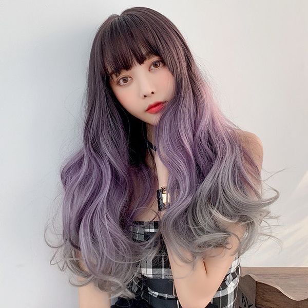 

fashion women long hair wigs natural body wavy gradient purple gray full bangs synthetic hair lace front wigs, Black