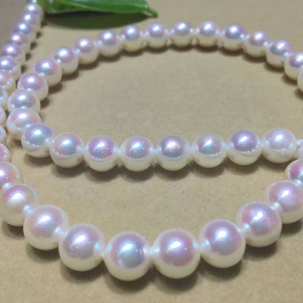 

authentic japanese akoya natural seawater pearl necklace 8-9mm white pink circle very 925 silver clasp 18inch