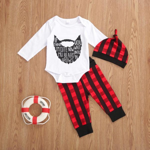

0-18m 3pcs baby christmas outfits long sleeve letter printed bodysuits +plaid pants+hats new born infant boy girls clothes, White