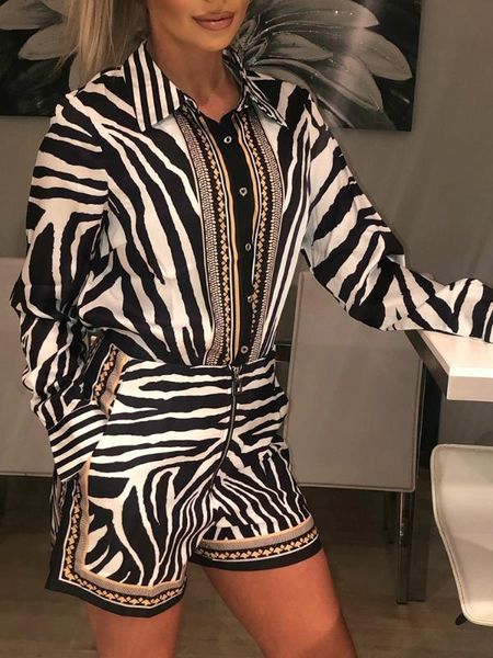 

2020 women summer elegant stylish regular casual party suit set zebra print buttoned shirt & zipper short sets, White