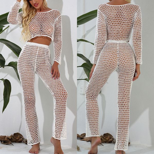 

crochet bikini set cover-up beach pant tassel women beach pants see through wide leg pants sea cover up trouser bottom, White;black
