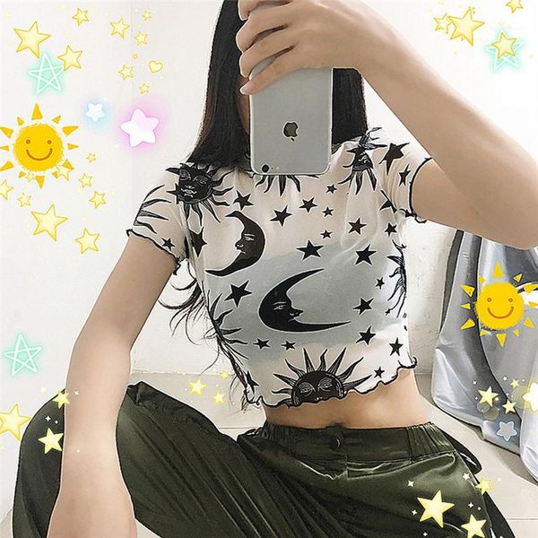 

and moon print casual womens designer tshirts crew neck short sleeve tees fashion sun and star, White