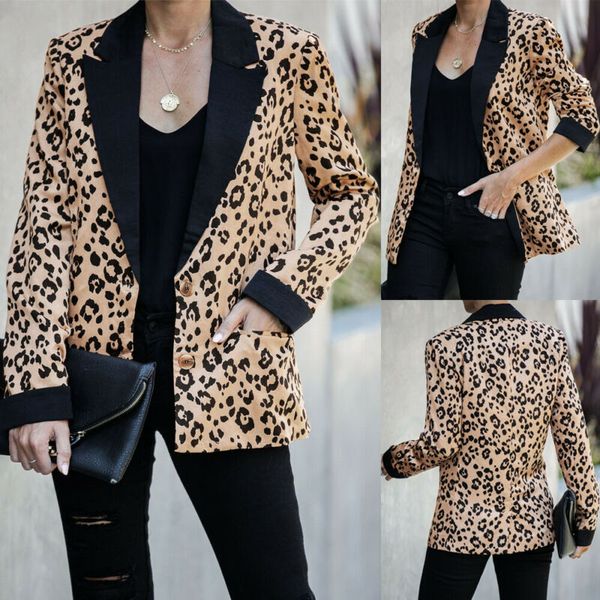 

womens autumn leopard coat long jacket cardigan casual lapel outwear blazer, White;black