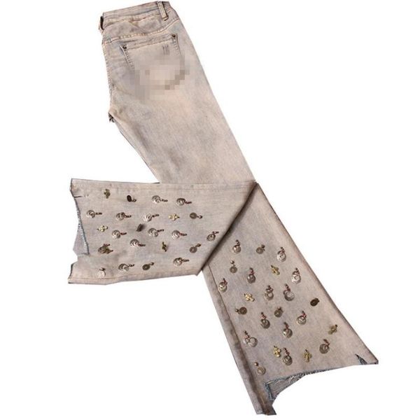 

spring autumn new vintage beaded heavy duty flare jeans women hole washed rivets jeans plus size 2xl, Blue