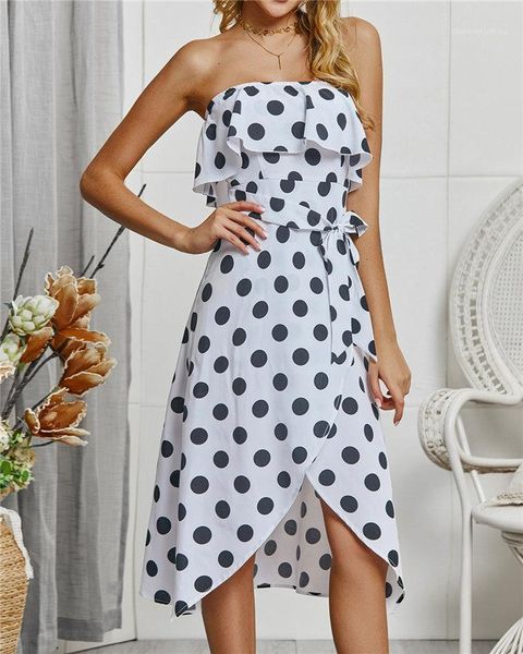 

dress sashes split ruffle hi-lo party dress falbala strapless classic dress summer polka dot print strapless lady, White;black