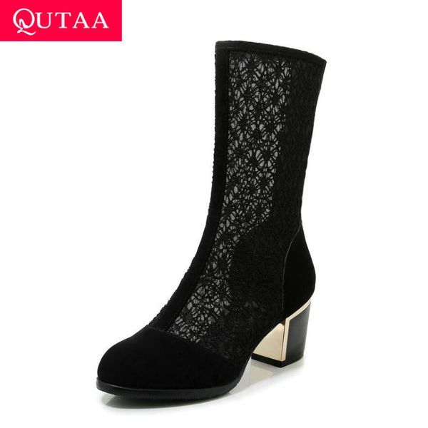 

qutaa 2020 square heel fashion cool boots flock mesh cut outs women shoes casual round toe zipper mid calf boots big size 34-43, Black