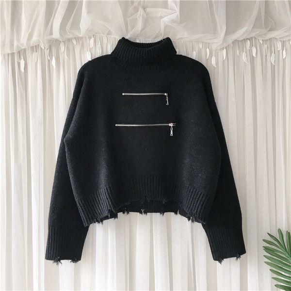 

ewq] 2020 autumn new ladies lazy zipper high neck pullover sweater loose outer wear thick edge sweater women 16q362, White;black