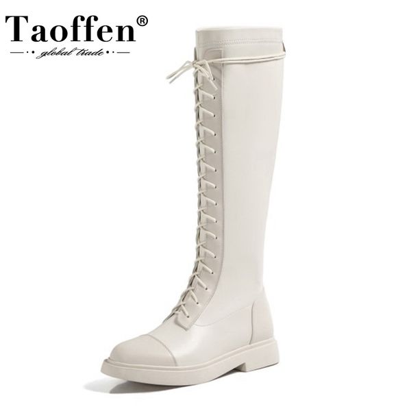 

taoffen new woman long boots genuine leather flat heel zipper woman knee high boots fashion warm shoes size 34-39, Black