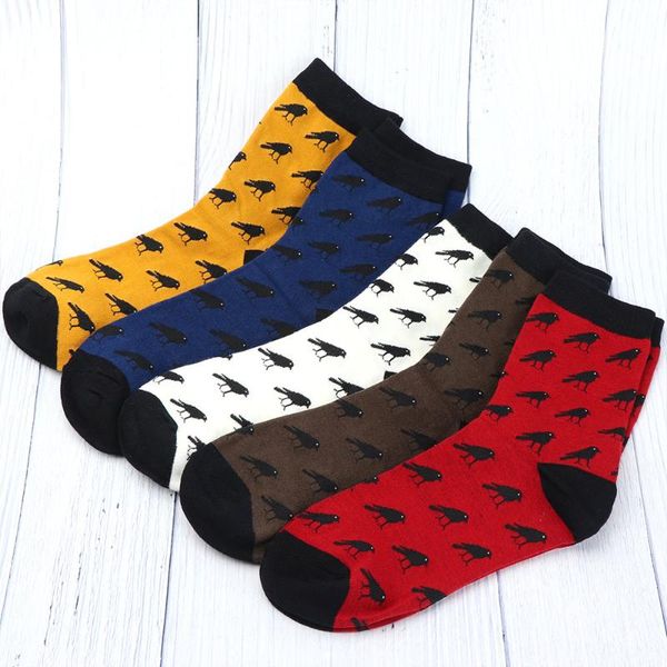 

men's socks 5 colors casual men sock lovely cartoon crow pattern cotton winter autumn fashion soft warm long daily clothing, Black