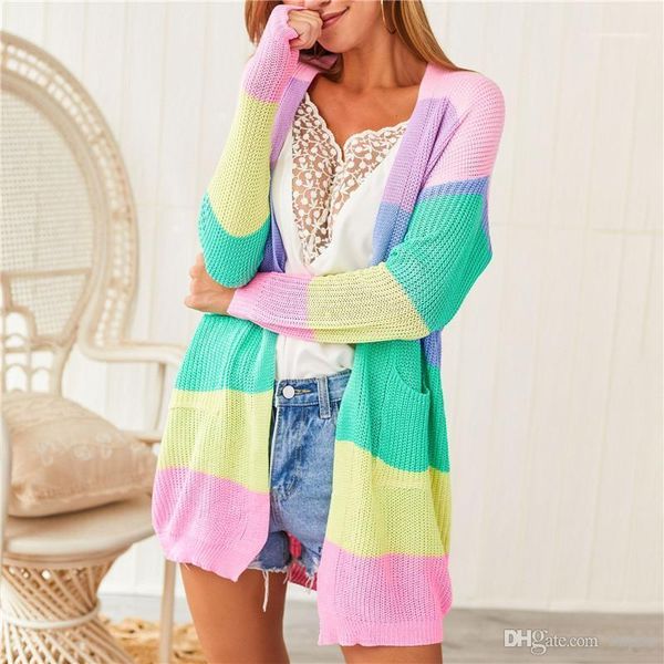 

female casual striped apparel womens autumn v neck sweaters fashion rainbow panelled cardigan with single breasted, White;black
