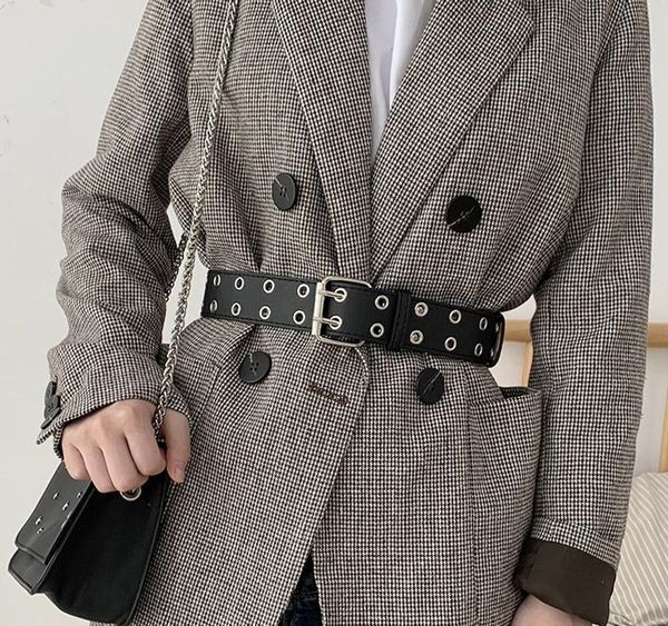 

2020 punk women belts pu leather wide belt double-breasted korean fashion waistband dress coat down decoration04, Black;brown